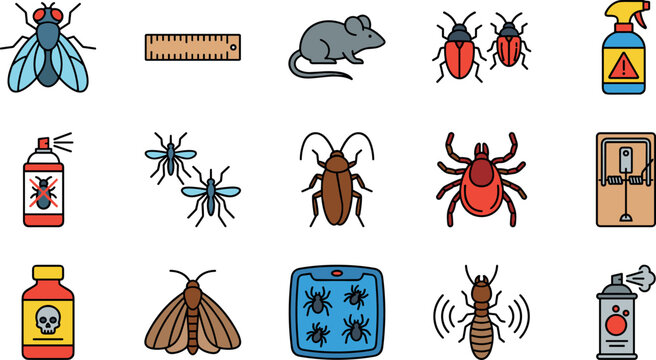 Pest control icon set vector illustration, insect fly mosquito cockroach tick rat and moth with spray poison and trap collection
