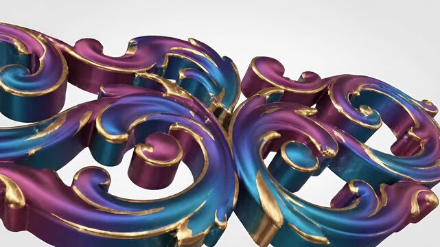 ornate flourish element with purple teal gradient and gold trim, decorative scrollwork design, elegant vintage flourish