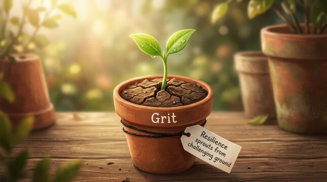 A small seedling growing in dry, cracked earth within a terracotta pot, symbolizing grit and resilience