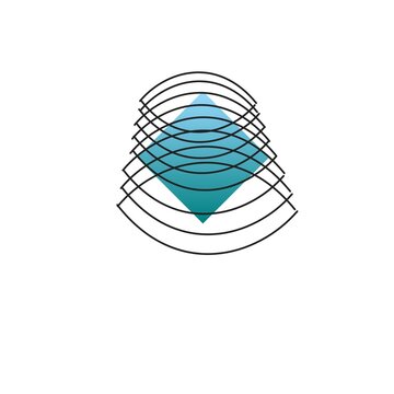 abstract blue background,Abstract digital art featuring rhombus shapes in shades of teal blue overlapping with a series of geometric black curved lines forming a three-dimensional circular pattern abo