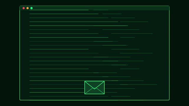 Digital email notification animation in green code interface window 4k