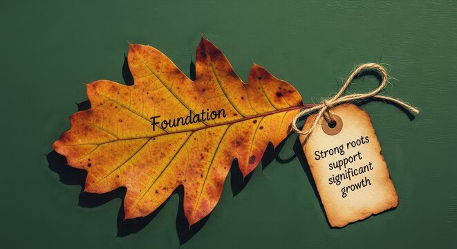 Autumn leaf with the word 'Foundation' and a tag stating 'Strong roots support significant growth'