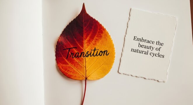 Autumn leaf with the word "Transition" and a quote about natural cycles on white background