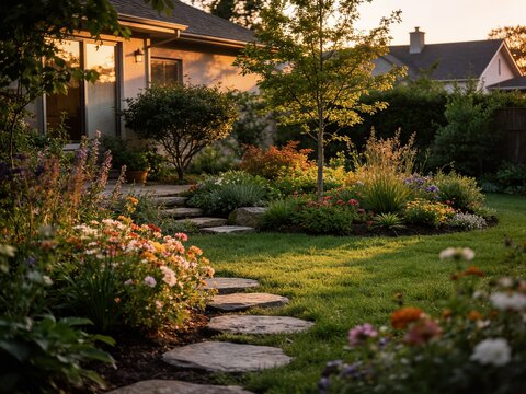 Charming suburban house backyard garden with stone stepping path at sunset ideal for real estate marketing banner