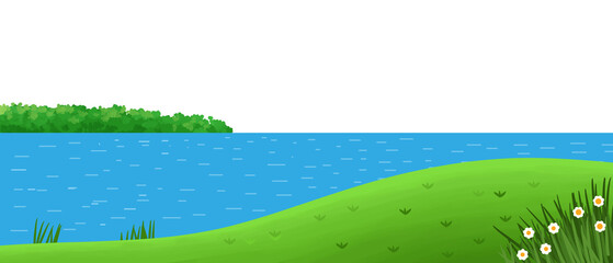 Beautiful nature landscape background with green grassy hill river bank and little flowers