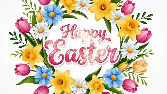 Happy Easter floral wreath with tulips daffodils daisies and spring foliage motion graphic