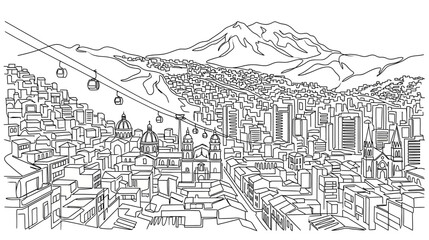 Aerial Cityscape with Mountain and Cable Cars Drawing © hana