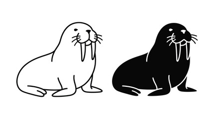 Walrus animal icon set featuring outline and solid silhouette designs © Tulippp