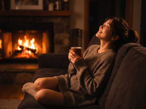暖炉の炎に照らされ、ソファで上を向き幸せそうな表情を浮かべる女性