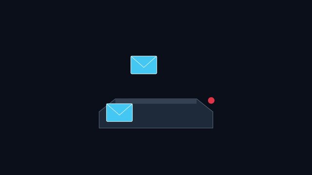Email inbox notification animation: incoming messages falling into a digital mailbox tray 4k
