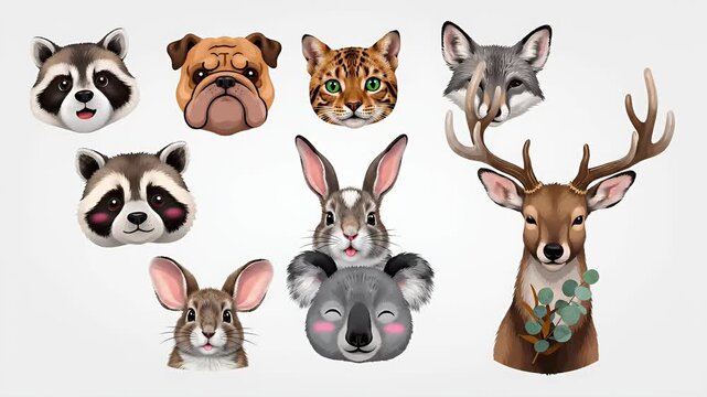collection of pixel art animal portraits, adorable raccoon, cute rabbit, majestic deer, fierce bulldog, wild cat, coyote