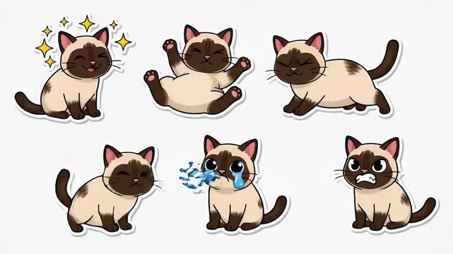 Collection of cute Siamese cat stickers showing various emotions, cartoon style, perfect for social media and design elements