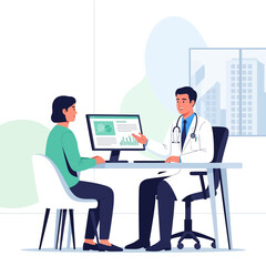 Fototapeta premium Doctor Patient Consultation Examining Medical Data On Computer Screen