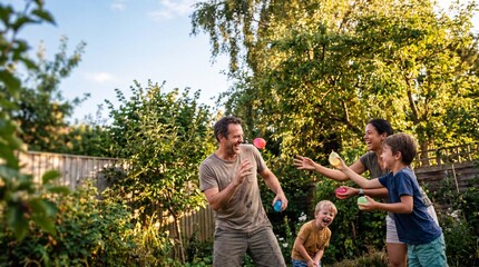 Kids and parents are tossing water balloons in a sunny backyard, playful laughter and summer holiday family togetherness