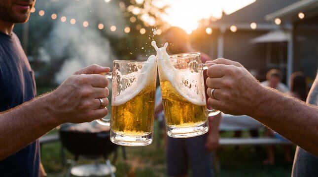 Two beer mugs are clinking with foam at a backyard barbecue party, warm sunset light and casual friendship for commercial advertising