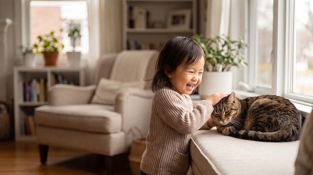 A happy Asian toddler girl shares a quiet moment with a brown tabby cat on a window seat for family lifestyle imagery