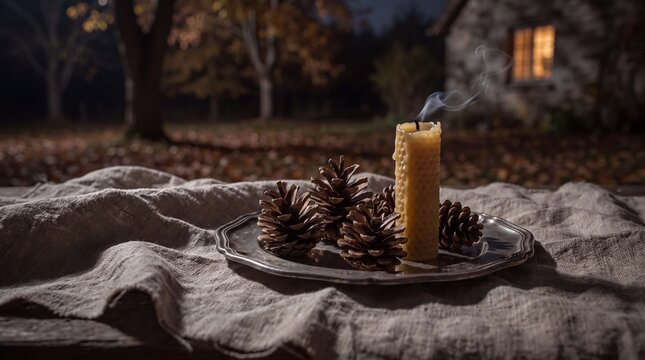 Autumn moonlight still life features pinecones, an extinguished candle and soft silver light across linen for peaceful seasonal backgrounds