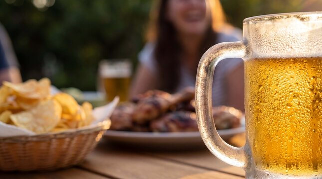 Frosted beer mug with chips and barbecued chicken catches warm sunset light, conveying a relaxed backyard gathering mood for marketing visuals
