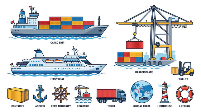 Cargo Ships and Containers at Industrial Port Harbor with Cranes Loading Freight for Global Sea Shipping Transportation and Logistics Industry