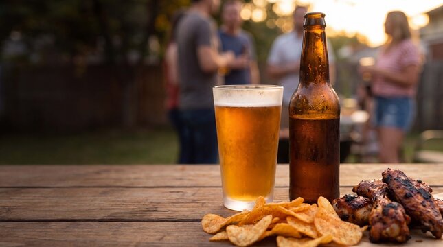 Frosted beer glass and bottle with chips and barbecue chicken wings on a wooden table are capturing a refreshing summer evening party for advertising