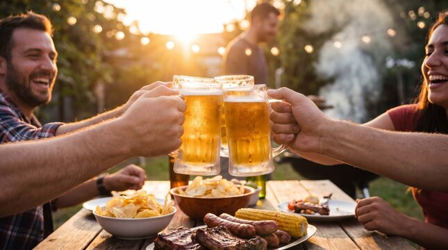 Friends toast beer glasses over chips and barbecue platter at sunset, creating an authentic International Beer Day celebration image for advertising