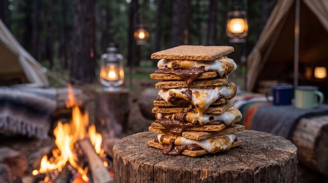 A stack of smores oozes melted chocolate down toasted marshmallow and graham cracker layers, glowing by campfire for festive summer advertising
