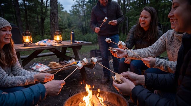 Multiple hands make and hold smores around a campfire, melted chocolate and toasted marshmallows glowing under lanterns for family holiday advertising