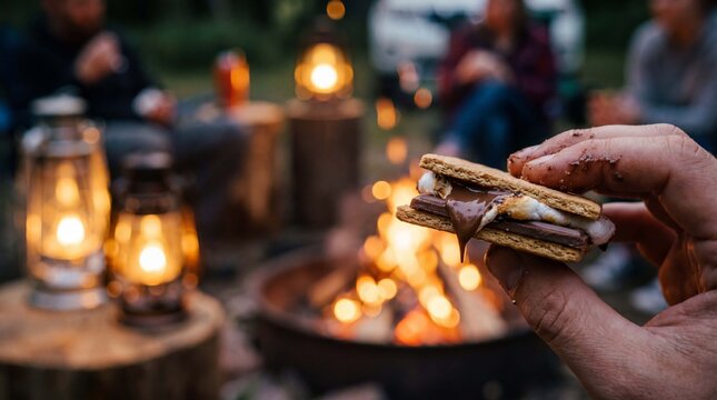 Fingers hold a smore with stretchy melted chocolate pulling between layers, campfire bokeh behind, for cozy nostalgic summer camping promotions