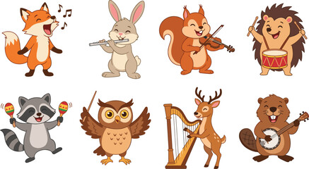 Fototapeta premium Cute Cartoon Animals Playing Musical Instruments - Orchestra Band Characters Vector Illustration Set