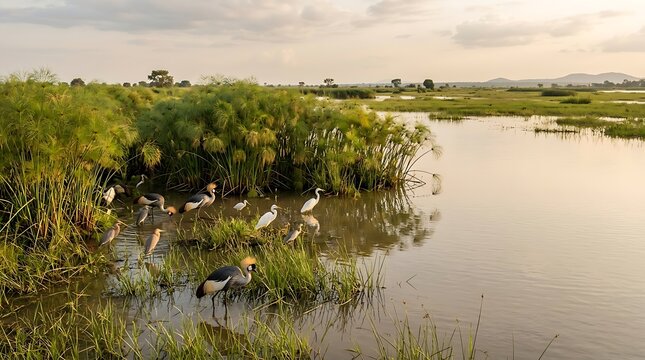 Grey crowned cranes and egrets in a scenic wetland at golden hour