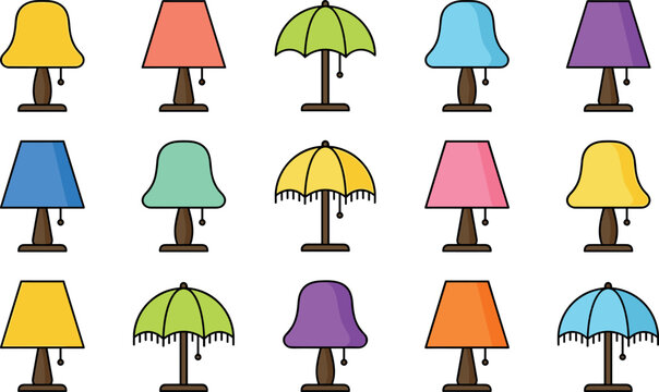 Table lamp icon set vector illustration, colorful lampshade collection with bell umbrella and trapezoid shapes for home decor and furniture design