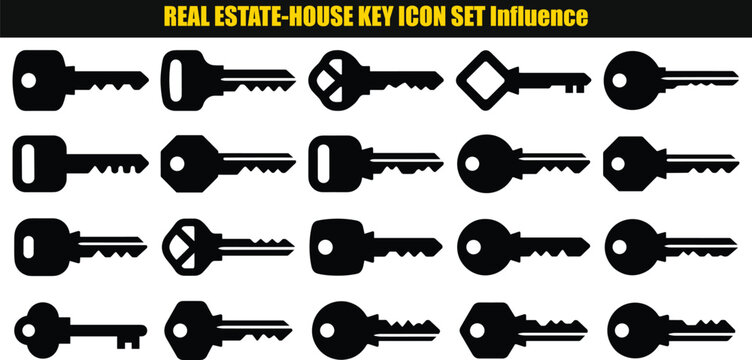 Collection of house keys with varied head shapes a two tone monochromatic style key set locksmith security home access real estate property