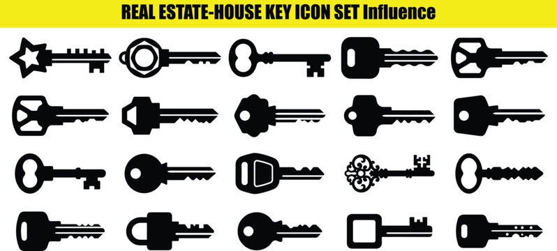 Assorted house keys with varied head shapes a collection of stylized key pictograms home lock security metal blank keyway teeth bit bow