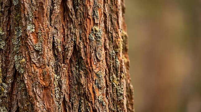 Close up of textured reddish brown tree bark with green lichen