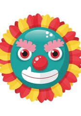 Naklejka premium Colorful Cartoon Clown Monster Face Illustration with Red and Yellow Petal Hair for Circus and Party Designs