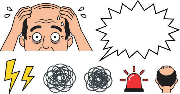 Male Hair Loss and Balding Vector Set Featuring Stressed Middle Aged Man Receding Hairline Alopecia Head Stress Tangled Lines and Warning Siren Icons