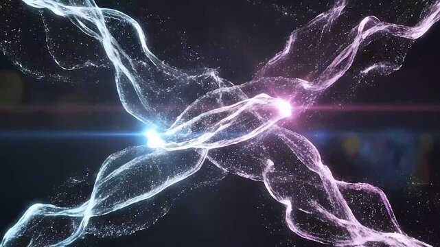 Abstract swirling luminous energy streams, colorful fluid motion, light flares, dark background, cinematic motion graphic