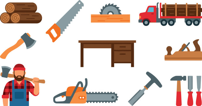 Woodworking and lumberjack icon set vector illustration, timber log axe saw chainsaw truck carpentry tool and furniture collection in flat design