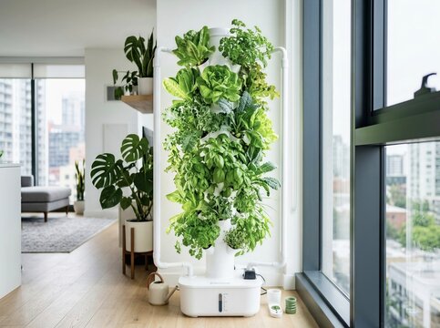 Modern Vertical Hydroponic Tower Garden Growing Fresh Leafy Vegetables Indoors