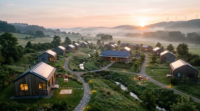 Sustainable eco village with modern wooden cabins at sunrise, green community living with solar panels, aerial view of rural landscape with mist