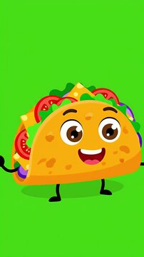 Smiling happy taco character animated motion graphic with arms and legs, food cartoon isolated on green background