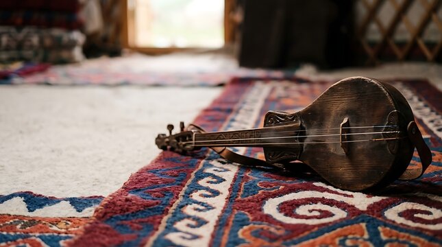Traditional central asian string instrument on a patterned rug