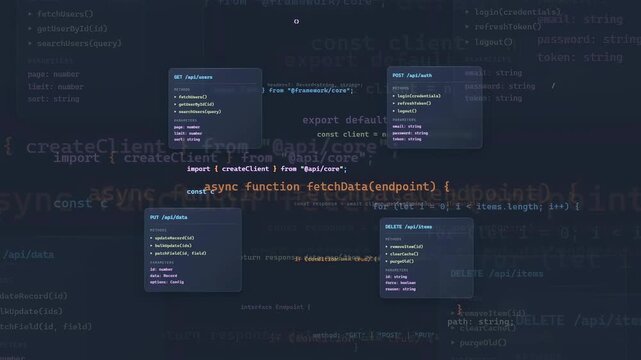 Digital screen displaying scrolling computer code and programming scripts for software development concept