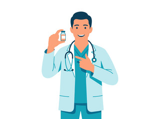 Fototapeta premium Doctor Holding And Pointing To A Vaccine Vial