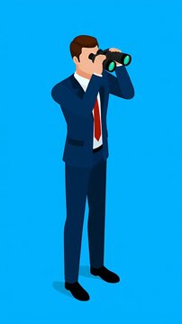 Businessman looking through binoculars, search, discovery, future vision, strategy, planning, analytics, business growth, observing horizon, foresight