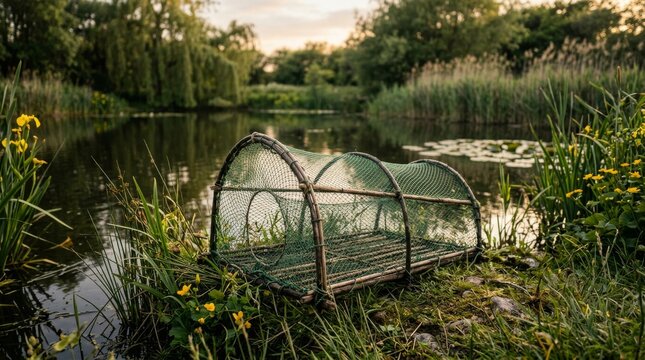 Crayfish trap sitting on the edge of a tranquil pond at sunset.