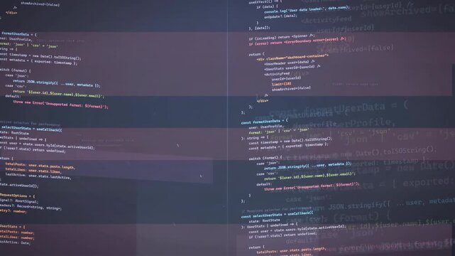 Scrolling computer code on a dark screen representing software development and programming process