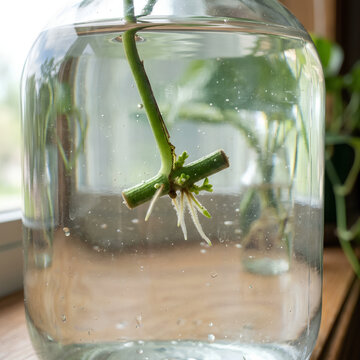 Macro close-up of plant nodes sprouting underwater in carboy