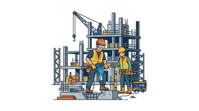 Construction workers building a modern steel structure.