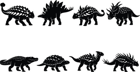 Prehistoric Armored Dinosaur Silhouette Collection with Stegosaurus Ankylosaurus Triceratops and Reptile Vector Set © AlRafin